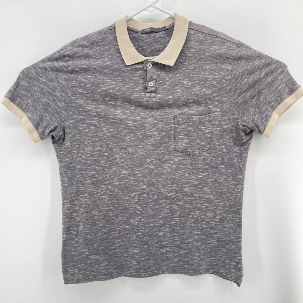 Vince Polo Shirt Mens L Slub Knit Cotton Grey White Marl Contrast Collar 623